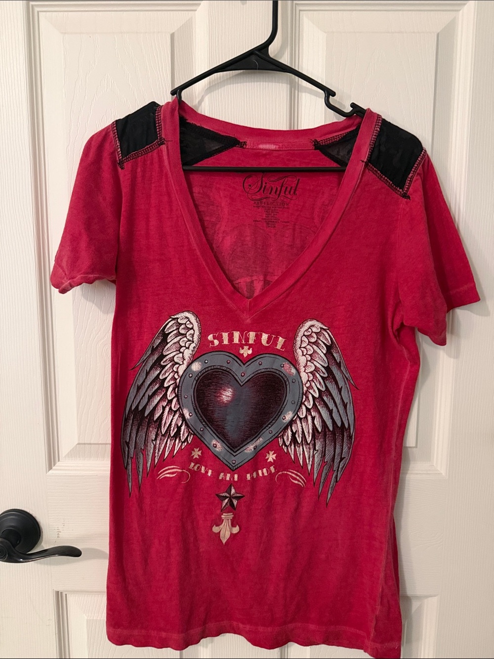 Vintage Sinful Red V-Neck Winged Heart Graphic Tee with Black Shoulder Accents
